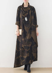 Vivid high neck asymmetric tunics for women Sewing green print loose Dresses - SooLinen