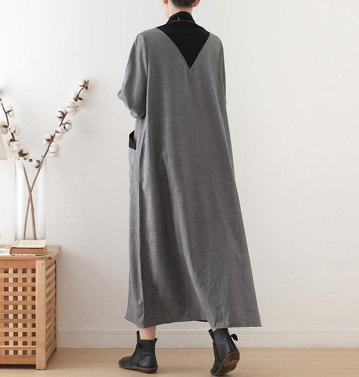 Vivid high neck pockets Tunics Outfits gray Maxi Dress - SooLinen