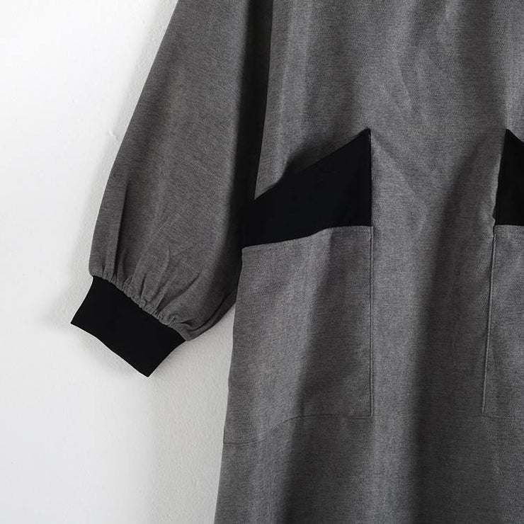 Vivid high neck pockets Tunics Outfits gray Maxi Dress - SooLinen
