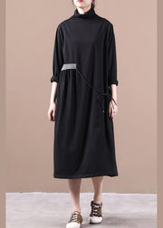 Vivid high neck side open spring dresses Tutorials black Kaftan Dress - SooLinen