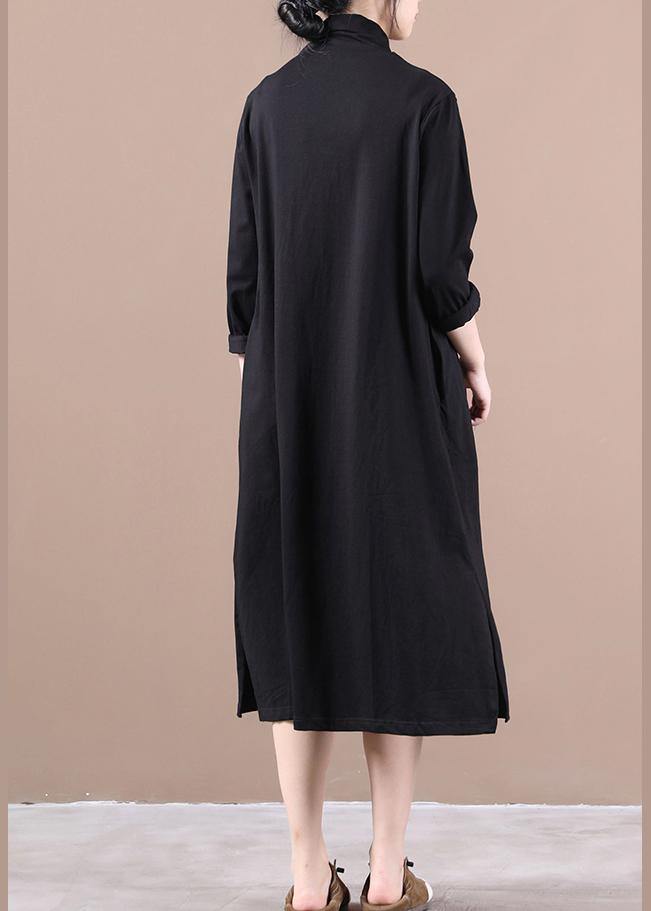 Vivid high neck side open spring dresses Tutorials black Kaftan Dress - SooLinen