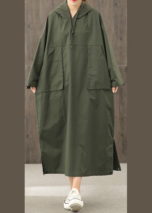 Vivid hooded side open clothes pattern blackish green Art Dress - SooLinen