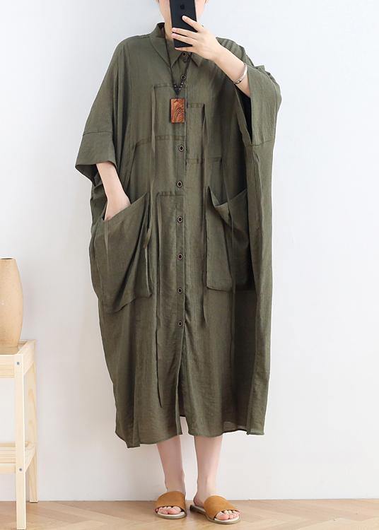 Vivid lapel Batwing Sleeve linen summer clothes Fabrics green Dress - SooLinen