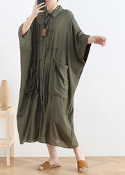 Vivid lapel Batwing Sleeve linen summer clothes Fabrics green Dress - SooLinen