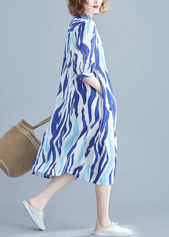 Vivid lapel half sleeve Cotton dresses Runway blue striped Dress - SooLinen