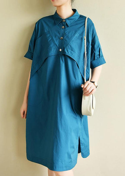 Vivid lapel patchwork summer Wardrobes Runway blue Dresses - SooLinen