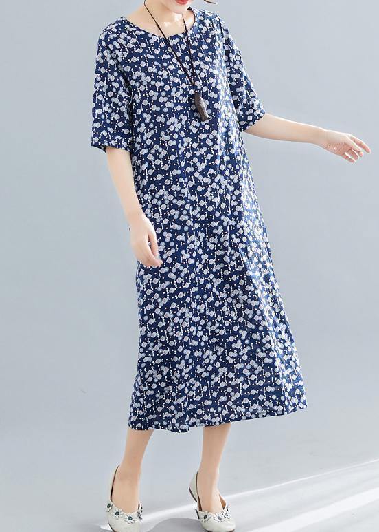 Vivid navy print cotton linen clothes For Women o neck pockets Maxi summer Dress - SooLinen