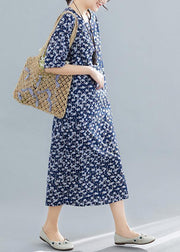 Vivid navy print cotton linen clothes For Women o neck pockets Maxi summer Dress - SooLinen