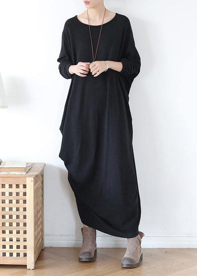 Vivid o neck asymmetric cotton spring clothes Neckline black Robe Dress - SooLinen