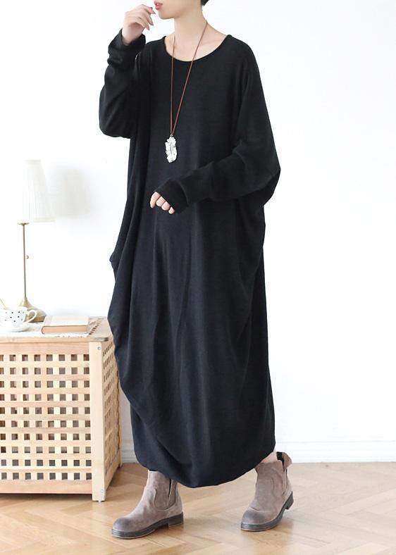 Vivid o neck asymmetric cotton spring clothes Neckline black Robe Dress - SooLinen