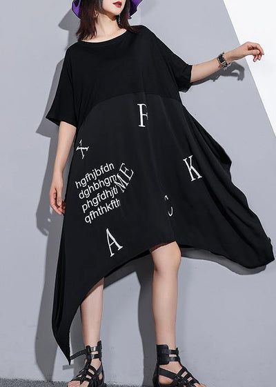 Vivid o neck asymmetric cotton tunics for women Inspiration black Maxi Dress summer - SooLinen