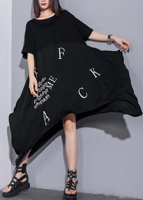 Vivid o neck asymmetric cotton tunics for women Inspiration black Maxi Dress summer - SooLinen