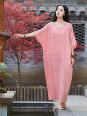 Vivid o neck half sleeve cotton linen quilting clothes Neckline pink Dress - SooLinen