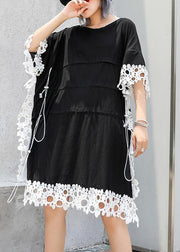 Vivid o neck patchwork lace Cotton for women black Dress summer - SooLinen