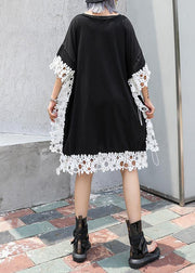 Vivid o neck patchwork lace Cotton for women black Dress summer - SooLinen