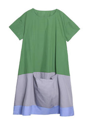 Vivid o neck patchwork summer tunic pattern linen green Plus Size  Dress - SooLinen