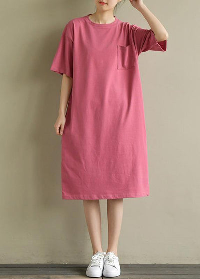 Vivid o neck pockets Cotton tunic Tutorials pink Dress summer - SooLinen