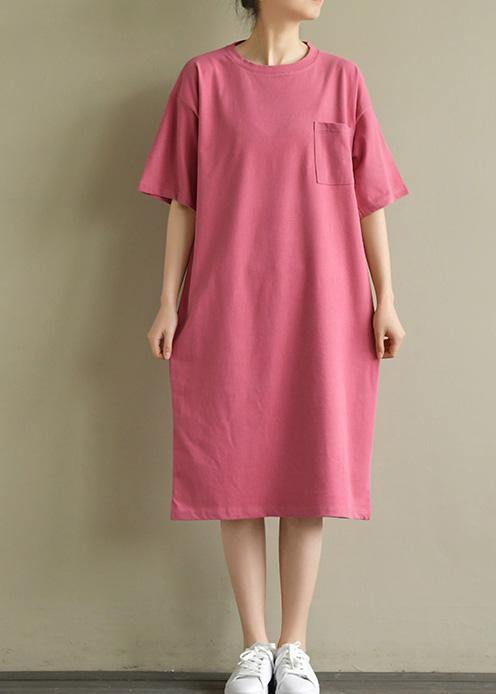 Vivid o neck pockets Cotton tunic Tutorials pink Dress summer - SooLinen
