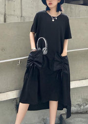 Vivid o neck pockets cotton summer quilting clothes Work Outfits black print Maxi Dress - SooLinen