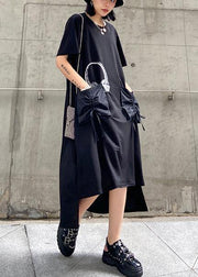 Vivid o neck pockets cotton summer quilting clothes Work Outfits black print Maxi Dress - SooLinen