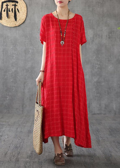 Vivid o neck short sleeve cotton linen Robes Fabrics red plaid Dress - SooLinen
