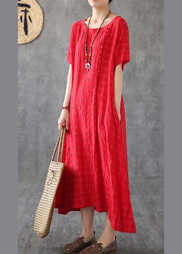 Vivid o neck short sleeve cotton linen Robes Fabrics red plaid Dress - SooLinen