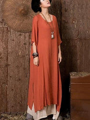 Vivid o neck side open linen summerdresses Outfits orange Dresses - SooLinen