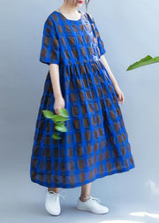Vivid o neck summer quilting clothes Wardrobes blue plaid loose Dresses - SooLinen