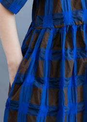 Vivid o neck summer quilting clothes Wardrobes blue plaid loose Dresses - SooLinen