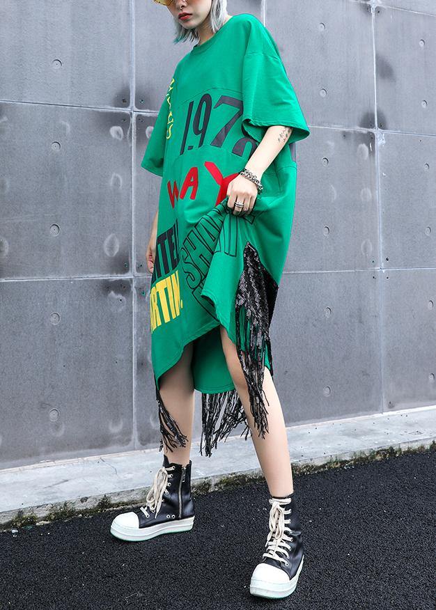 Vivid o neck tassel cotton clothes Women Sewing green print Plus Size Dress summer - SooLinen