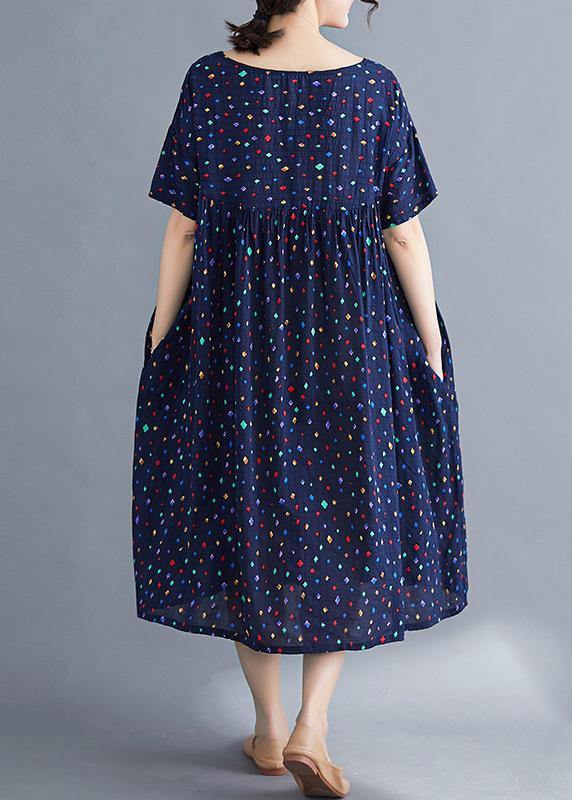Vivid o neck Cinched cotton dresses Sewing blue print long Dresses summer - SooLinen