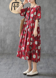 Vivid o neck Cinched linen Robes Tunic Tops red dotted Dresses - SooLinen