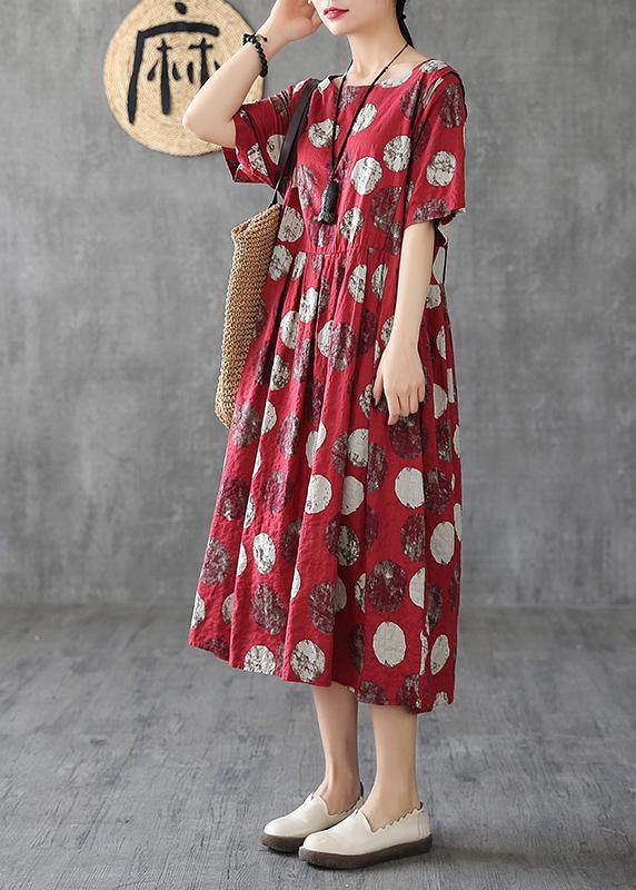 Vivid o neck Cinched linen dress Robes Tunic Tops red dotted Dresses - SooLinen