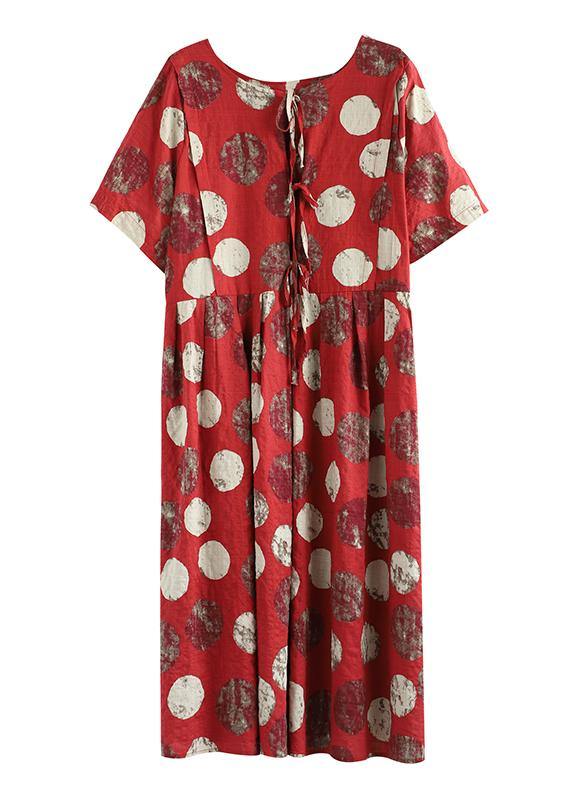 Vivid o neck Cinched linen dress Robes Tunic Tops red dotted Dresses - SooLinen