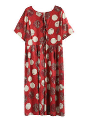 Vivid o neck Cinched linen Robes Tunic Tops red dotted Dresses - SooLinen