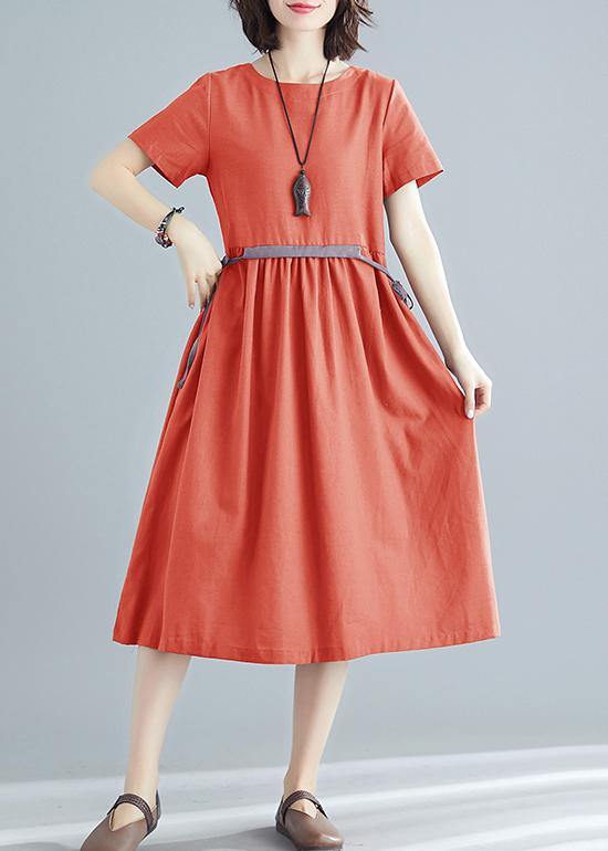Vivid orange red cotton linen clothes For Women o neck tie waist Robe summer Dress - SooLinen