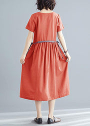 Vivid orange red cotton linen clothes For Women o neck tie waist Robe summer Dress - SooLinen