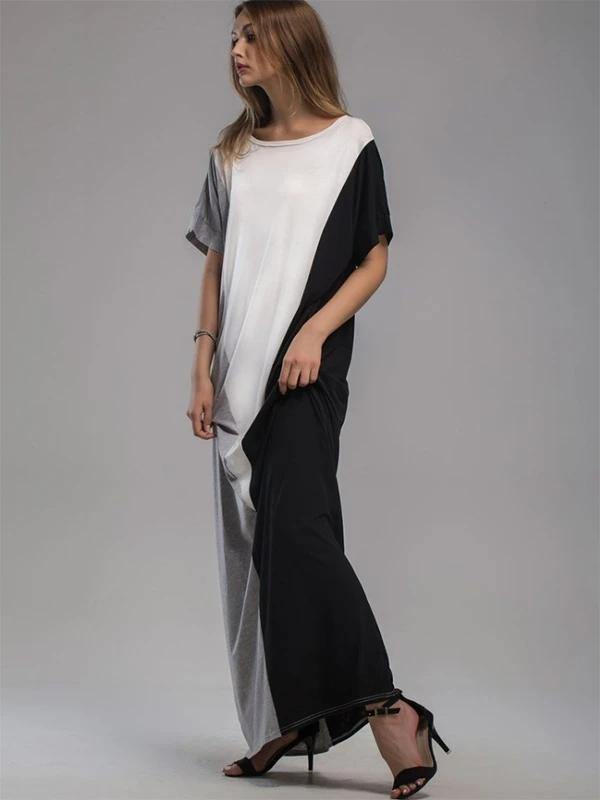 Vivid patchwork cotton dresses short sleeve o neck A Line summer Dresses - SooLinen
