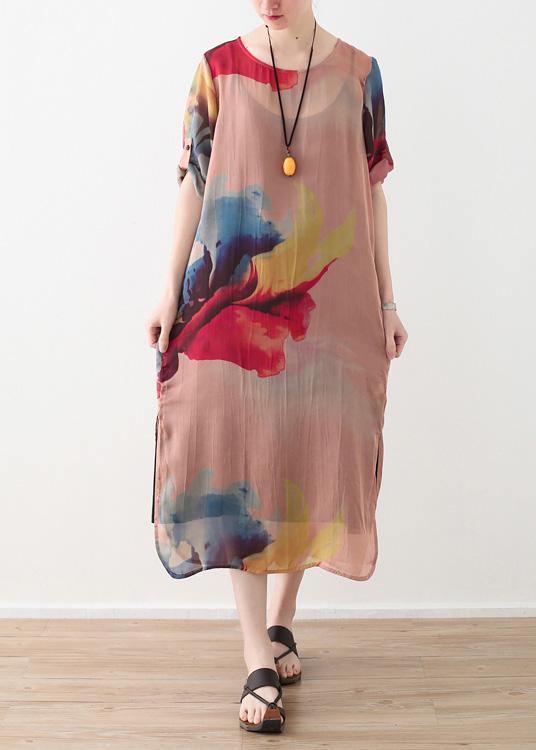 Vivid pink prints chiffon clothes side open summer Dresses - SooLinen