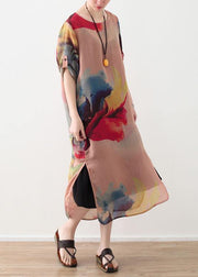 Vivid pink prints chiffon clothes side open summer Dresses - SooLinen