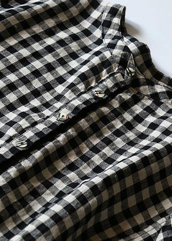 Vivid plaid cotton tunics for women o neck daily side open Dresses - SooLinen