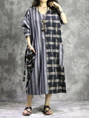 Vivid plaid linen quilting dresses v neck patchwork Dress - SooLinen