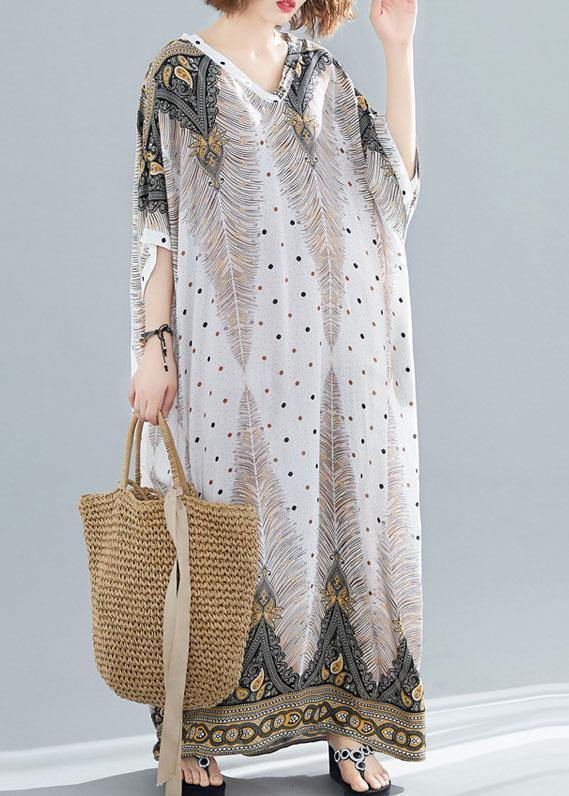 Vivid prints v neck cotton Long Shirts Batwing Sleeve Maxi summer Dress - SooLinen