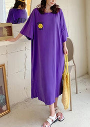Vivid purple Cartoon print clothes For Women o neck side open Robe summer Dresses - SooLinen