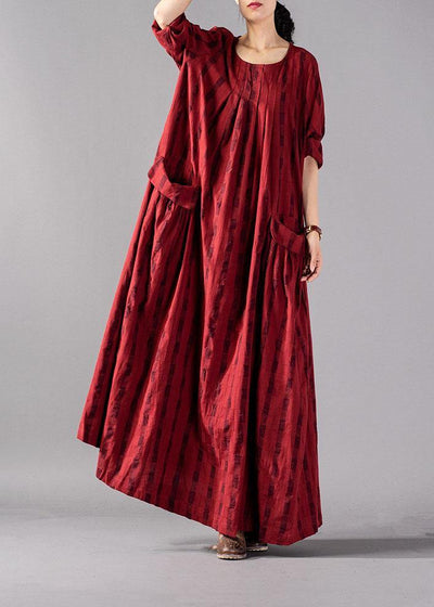 Vivid red Plaid cotton linen Robes o neck pockets Maxi fall Dresses - SooLinen