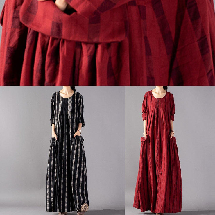 Vivid red Plaid cotton linen Robes o neck pockets Maxi fall Dresses - SooLinen
