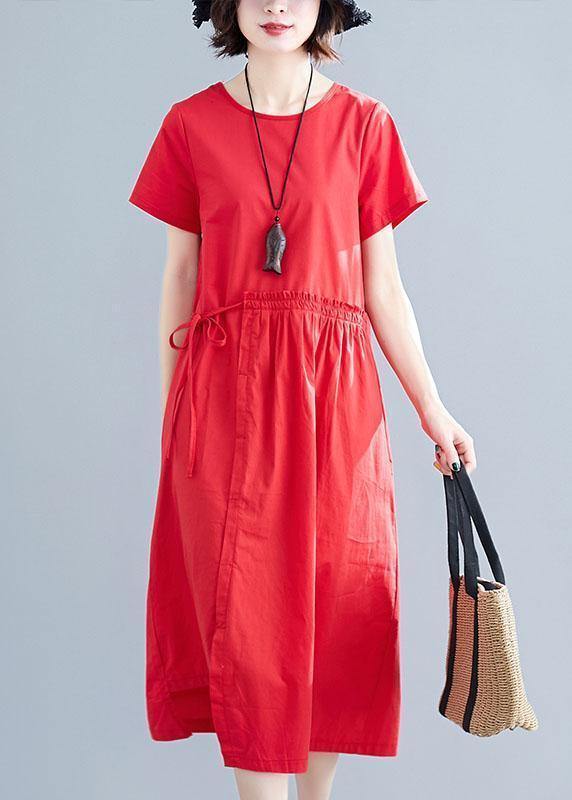 Vivid red linen cotton Robes o neck drawstring Maxi summer Dress - SooLinen