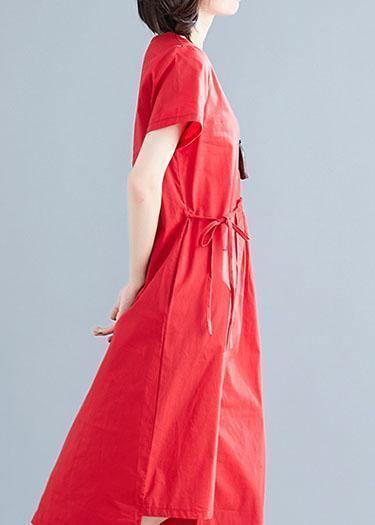 Vivid red linen cotton Robes o neck drawstring Maxi summer Dress - SooLinen