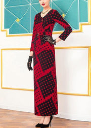 Vivid red plaid cotton quilting clothes o neck Plus Size v neck Dresses - SooLinen