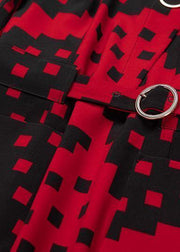 Vivid red plaid cotton quilting clothes o neck Plus Size v neck Dresses - SooLinen